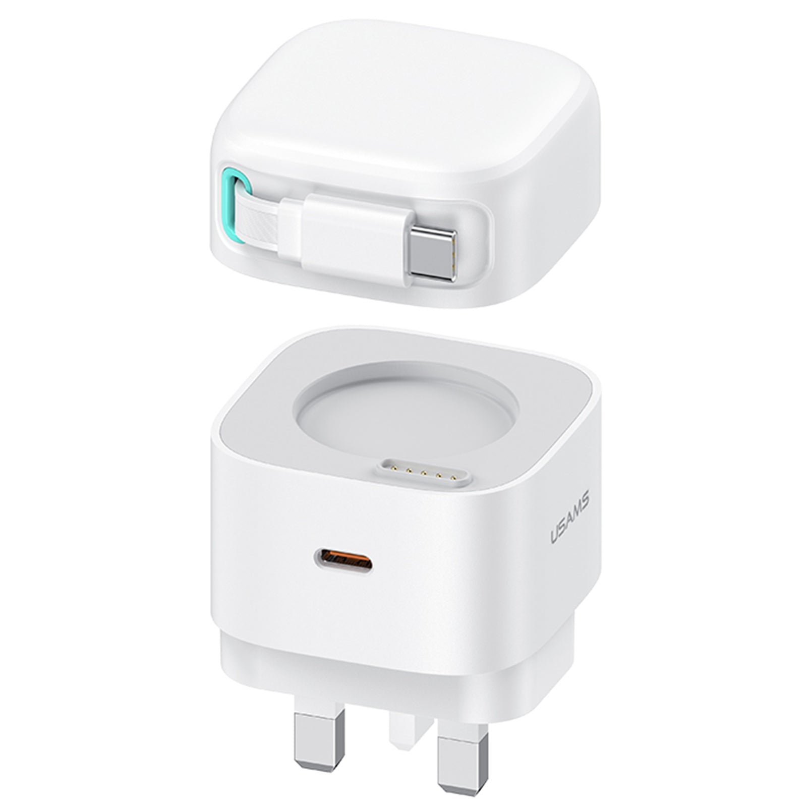 USAMS US-CC204 XMF Series PD 35W Dual Output GaN Fast Charger with Type-C Magnetic Retractable Cable Module, UK Plug USAMS US-CC204 XMF Series PD 35W Dual Output GaN Fast Charger with Type-C Magnetic Retractable Cable Module, UK Plug